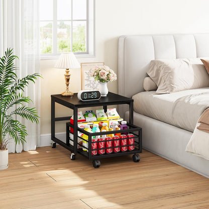 HOOBRO End Table, Mini Fridge Stand with Storage, Mini Fridge Table with Wheels and Adjustable Feet, Sturdy Metal Frame, for Living Room, Bedroom, Office, Black BB155TL01