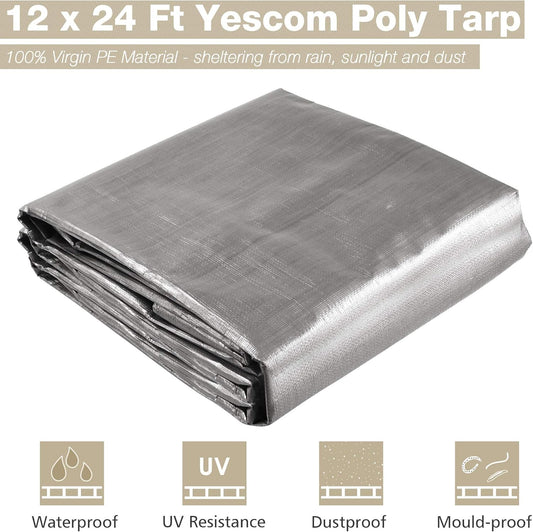 Yescom 12x24 Ft 14 Mil Heavy Duty Reinforced Poly Tarp Reversible Waterproof Tarpaulin Ground Sheet Cover Reversible Silver Black Tarps