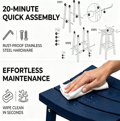 AMILY HDPE Bar Stool Set of 2, Outdoor Bar Height 29‘’, Heavy Duty All-Weather Patio Stool for Poolside, Backyard, Balcony, Easy Assembly (Blue)