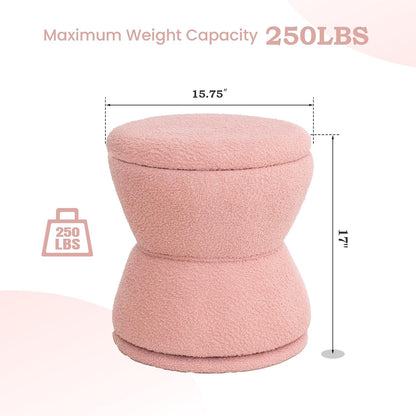 DHMAKER Round Storage Ottoman, Swivel Teddy Vanity Stool Chiar,Modern Sherpa Footstool, Makeup Chair Upholstered Footrest for Living Room, Bedroom, Entryway,Pink