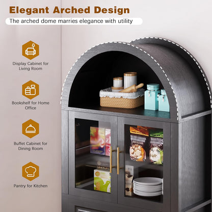 71" Tall Arched Kitchen Pantry with Glass Door, Farmhouse Storage Cabinet with Adjustable Shelves & Barn Door for Kitchen, Living Room, Dining Room, Black