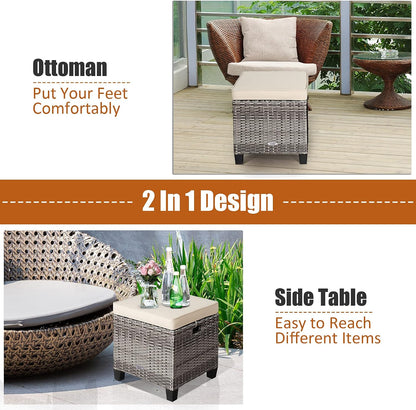 ORALNER Set of 2 Outdoor Ottoman, 16” Wicker Foot Stools, All-Weather Rattan Cube Footstool w/Removable Cushions, Square Footrest Extra Seating for Patio, Porch, Deck, Easy Assembly (Beige)