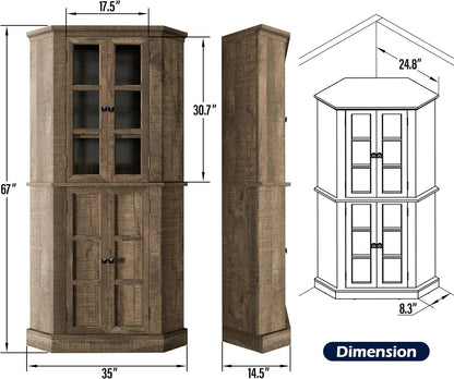 Betterhood Corner Cabinet, 67" Tall Kitchen Pantry Storage Cabinet with Glass Doors and Adjustable Shelves, Freestanding Food Pantry Farmhouse Furniture for Kitchen,Living Room, Rustic Brown