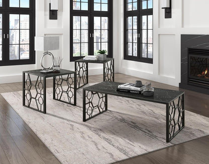 3-Piece Occasional Table Set with Marble-Print Glass Top | Includes 1 cocktail table and 2 end tables with fluted glass top