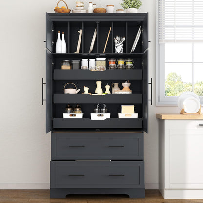 SOFTSEA Kitchen Pantry Storage Cabinet with Pull-Out Trays, Drawers and Cake Pan Storage Organizer, Freestanding Hutch with Doors, Grey