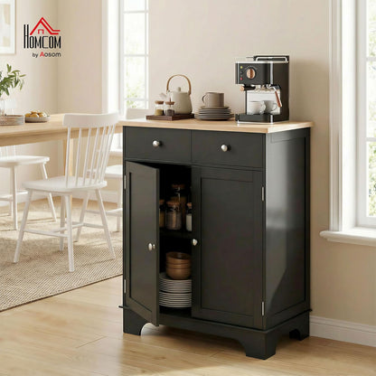 HOMCOM Sideboard Buffet Cabinet with Solid Wood Countertop, Modern Kitchen Storage Cabinet, Coffee Bar Cabinet with 2 Drawers, Doors and Adjustable Shelf, Black