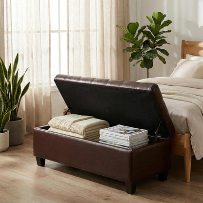 Leather Storage Bench for Living Room, End of Bed Bench with Storage, Large Upholstered Ottoman Benches Entryway Bench with Button-Tufted Shoe Cabinet Ottoman for Dining Room, Hallway, Brown