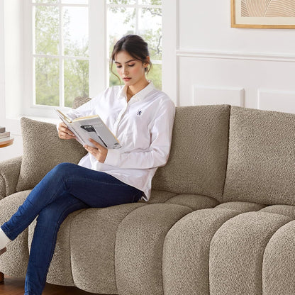 VANOMi Boucle Sofa Couch, 91" Comfy Tufted Upholstered Cloud Couches, Modern 3 Seater Sofa with Pillows, Oversized Deep Seat Sherpa Couch for Living Room, Bedroom, Apartment (Camel Color)