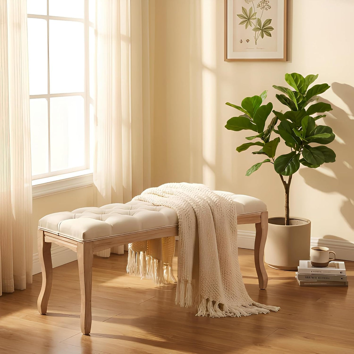 GDFStudio 43.3" French Country Bedroom Bench, Tufted Upholstered End of Bed Bench with Carved Rubber Wood Legs, Vintage Linen Entryway Bench Seat for Living Room, Foyer, Dining Room, Beige