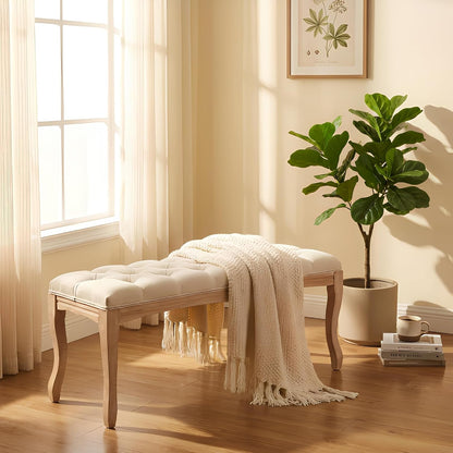 GDFStudio 43.3" French Country Bedroom Bench, Tufted Upholstered End of Bed Bench with Carved Rubber Wood Legs, Vintage Linen Entryway Bench Seat for Living Room, Foyer, Dining Room, Beige