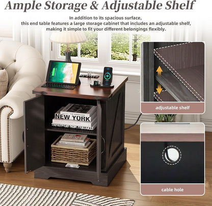 Merax Farmhouse End Table with Charging Station, Rustic Wood Nightstand with Adjustable Shelf, 19.6" W Versatile Walnut Sofa Side Table with Barn Doors & Retro Hinges for Bedroom, Living Room, Grey