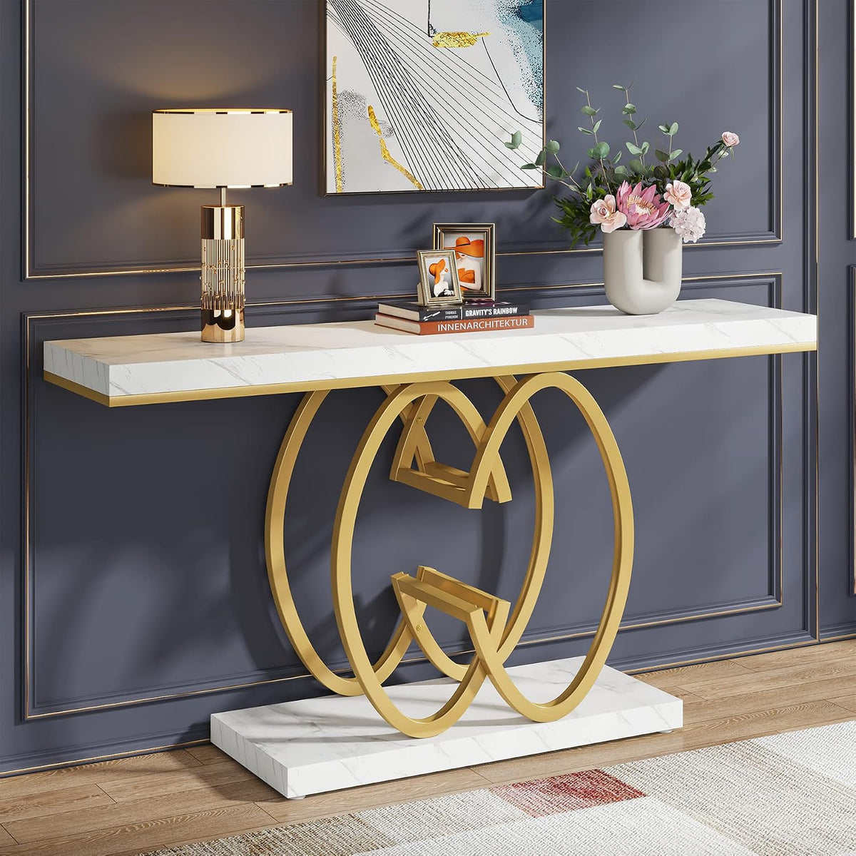 Tribesigns 55 Inch Console Table for Hallway, Faux Marble Gold Entryway Table with Geometric Metal Base, Modern Narrow Sofa Accent Table for Entrance, Living Room, Foyer (White & Gold)