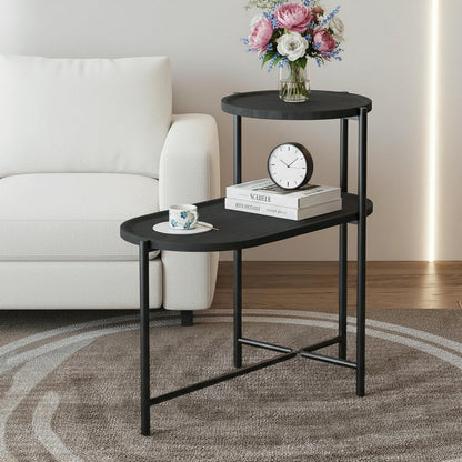 2 Tier Oval Side Table, Modern X-Leg End Table with Round Storage Tray, Black Metal Frame & Wooden Tabletop Design for Living Room, Bedroom & Office (Black)