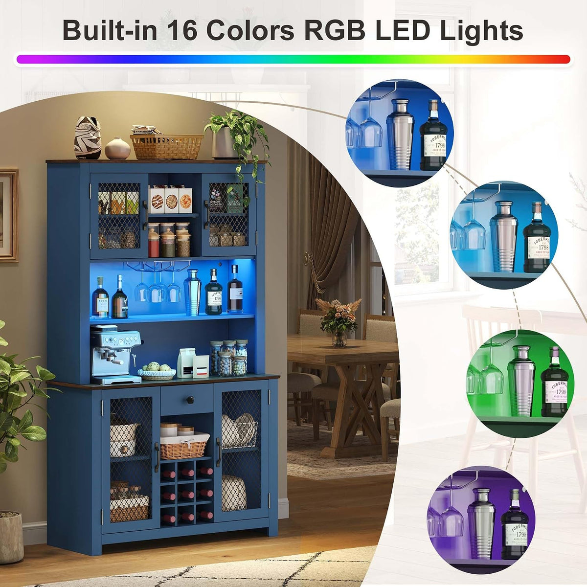 71” Kitchen Pantry with Microwave Shelf & Charging Station, LED Lighting Bar Hutch Cabinet with Storage Doors & Shelves, Glass Holders, Wine Rack, Wooden Structure (Navy Blue)
