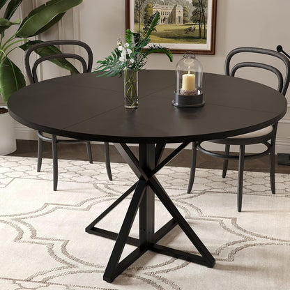 GarveeHome 47 Inch Round Dining Table for 4, Circle Kitchen Table with Pedestal Base, Farmhouse Wooden Dining Table for Small Spaces, Kitchen & Dining Room, Living Room（Black/Only Table）