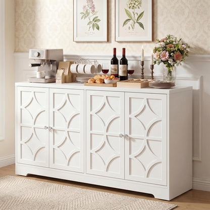 RoyalCraft Sideboard Buffet Cabinet with Storage, 56" Modern Sideboard with 4 Carved Doors, Large Wood Coffee Bar Console Table for Kitchen, Dining Room, Entryway, Living Room, Satin White