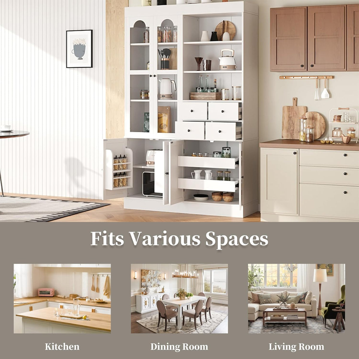 47" Tall Storage Cabinet Pantry Cabinet:with Pull-Out Trays for Kitchen | 47"Tall Storage Cabinet:With Doors and Shelves,Kitchen Pantry Cabinet With Hutch,4 Drawers,Pantry Storage With Pull-out Trays