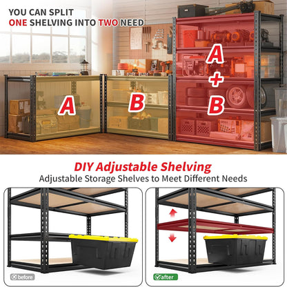 REIBII 2400LBS Garage Shelving 5 Tier Storage Shelves Heavy Duty, Adjustable Metal Shelving Unit,Garage Shelves for Basement,Warehouse,Pantry,Closet,Kitchen 72" H x 35.55" W x 16" D,2 Pack | Heavy Duty