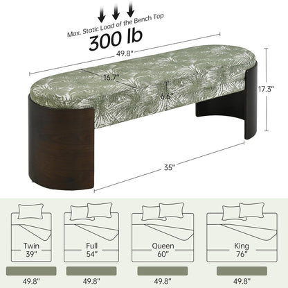 VKNOW 50" Upholstered Ottoman Bench with Botanical Pattern, Oval Entryway Bench with Solid Curved Bentwood Legs, Accent End of Bed Bench for Bedroom, Dining Bench for Dining Room, Living Room, Green