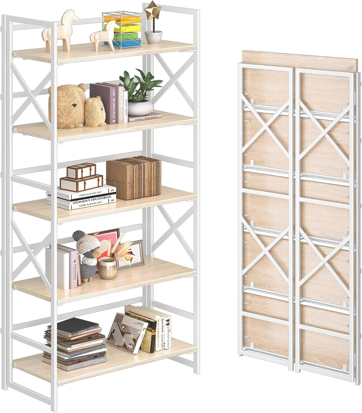 4NM 5 Tiers No Assembly Book Shelves, 51.2" H Folding Bookshelf Bookcase Open Industrial Foldable Shelves for Bedroom, Living Room, Home Office - Natural White