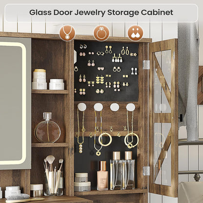 AOGLLATI Farmhouse Vanity Desk with Mirror and Lights, Makeup Vanity Set with Lights & Jewelry Cabinet & 5 Drawers, Vanity Table with Charging Station, Hidden Storage Space for Bedroom, Brown