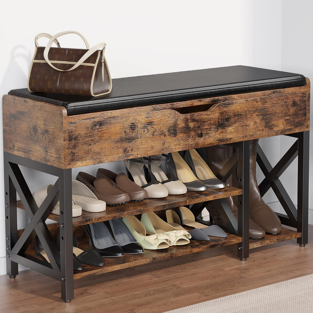 Shoe Bench, Lift Top Shoe Storage Bench, Adjustable Shelf Entryway Bench, Metal and Wood Shoe Rack Organizer with Cushion for Entry, Bedroom, Closet, Living Room, Hallway (Brown, 35.5“W)