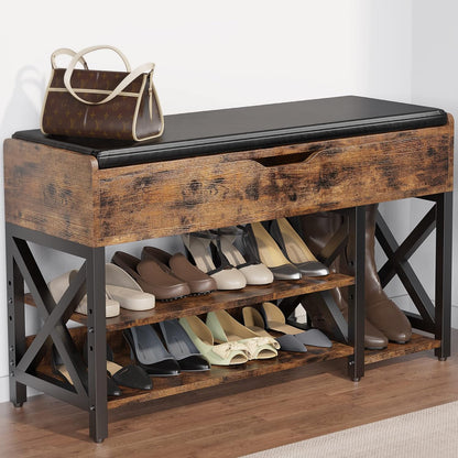 Shoe Bench, Lift Top Shoe Storage Bench, Adjustable Shelf Entryway Bench, Metal and Wood Shoe Rack Organizer with Cushion for Entry, Bedroom, Closet, Living Room, Hallway (Brown, 35.5“W)