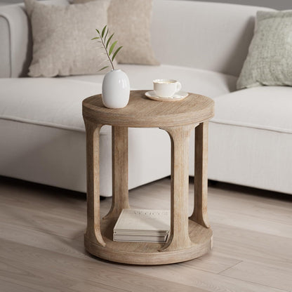 COZAYH Farmhouse Small End Table Wood Round Side Table for Small Space Rustic Pedestal Table for Living Room, Office, Couch, Distressed Wood Grey Finish