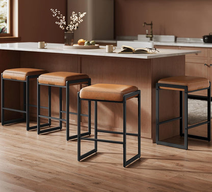 VASAGLE Bar Stools Set of 4, Counter Height, PU Leather, 26-Inch | Mid-Century Modern Bar Stool with Stitching, Kitchen, Home Bar, Dining Room, Caramel Brown, EKHO Collection ULBC286K01