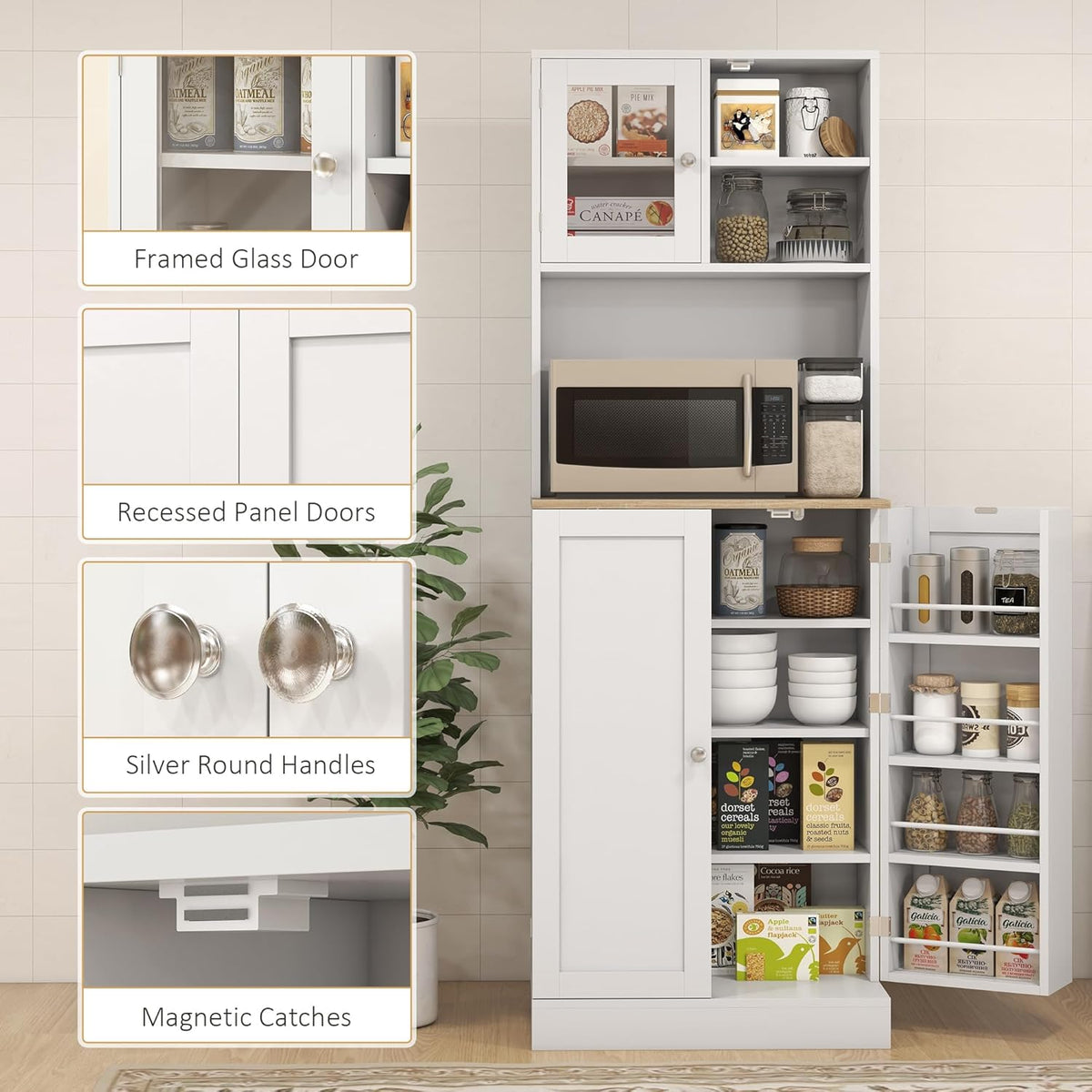 66.5" Kitchen Pantry Cabinet - Microwave Stand & Storage, 8 Shelves, White