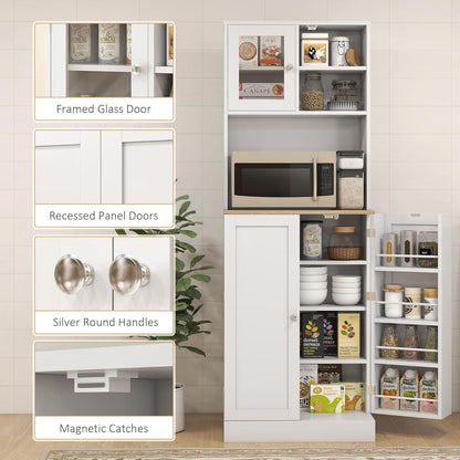 66.5" Kitchen Pantry Cabinet - Microwave Stand & Storage, 8 Shelves, White