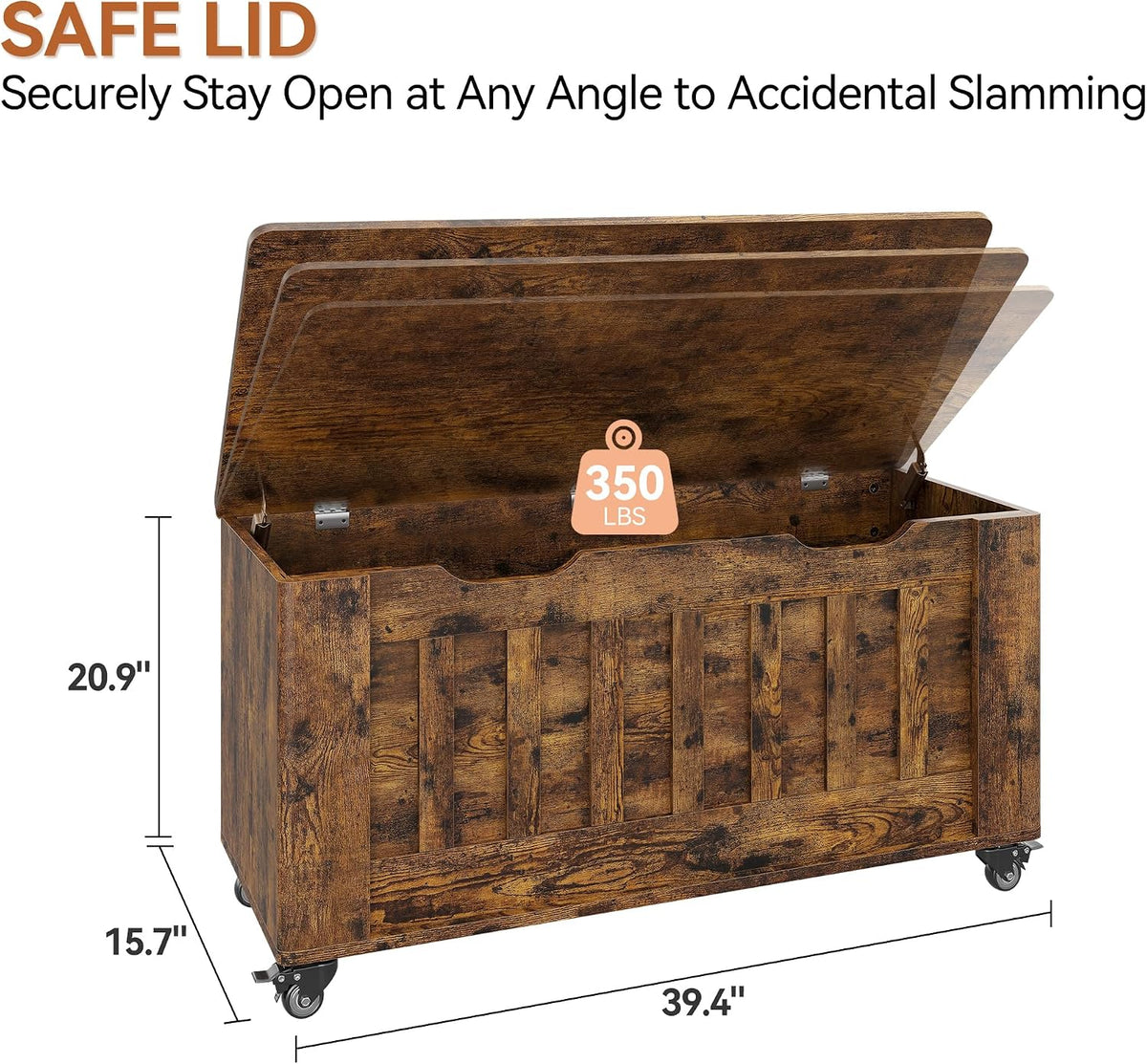 GarveeHome Storage Chest, 39.4" Wooden Storage Bench with 4 Wheels (Brown) | Blanket Chest with 2 Safety Hinges, Round Corner, Supports 350 LBS, Storage Trunk for Entryway, Living Room, Bedroom