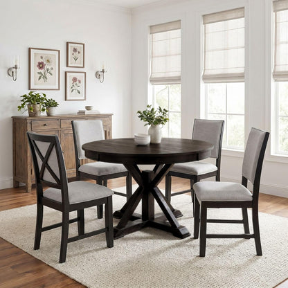 42"-54" Extendable Dining Table for 4-6 People Farmhouse Round/Oval Dining Room Table Solid Wood Kitchen Table with Cross Base (Dark Brown)