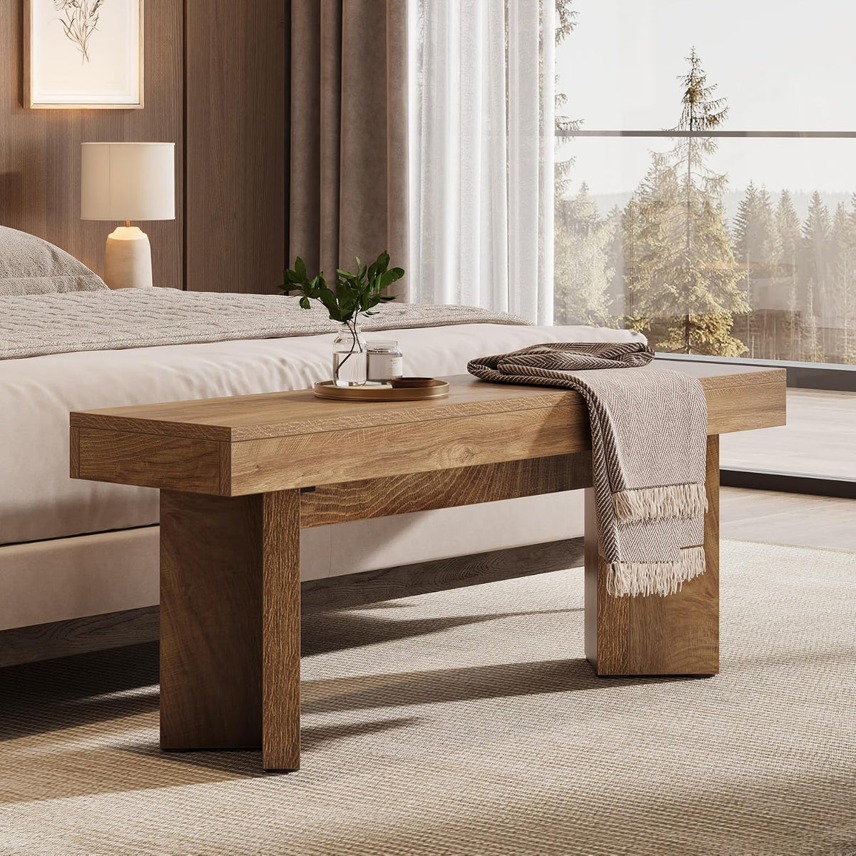 Tribesigns 47" Wooden Entryway Bench, Farmhouse Indoor End of Bed Bench, Long Table Benches Seat for Bedroom, Hallway, Foyer, End of Bed (Rustic Brown)