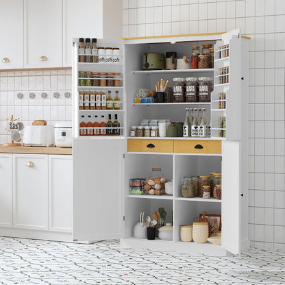 Merax 71" H Kitchen Pantry Large Cupboard Storage Cabinet with 4 Doors, Organizer, Drawer and Adjustable Shelves,Wood Cupboard for Kitchen, Dining Room, Bathroom, White