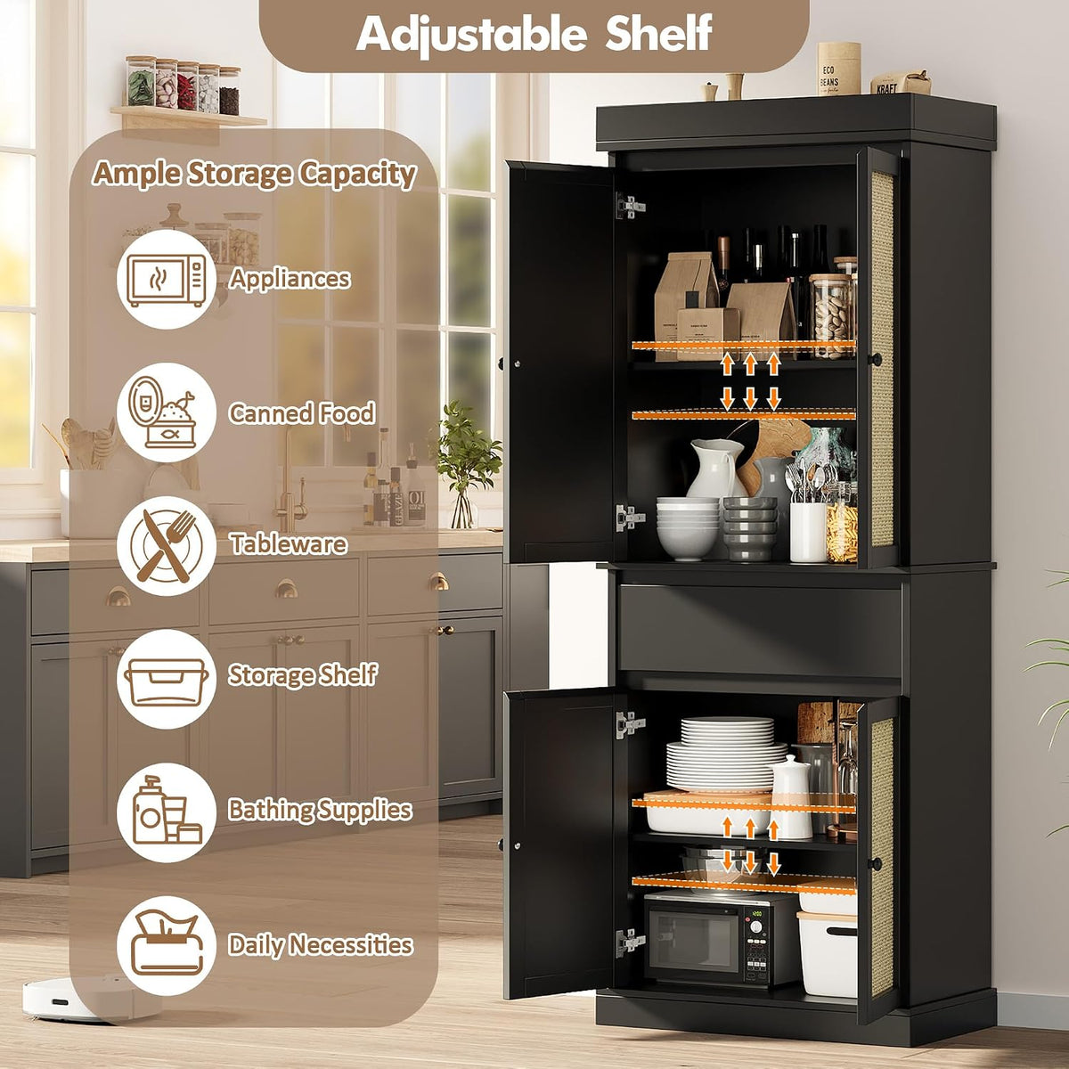 IDEALHOUSE Pantry Cabinet,70" Tall Kitchen Pantry Cabinet with 4 Doors and 3 Adjustable Shelves, Freestanding Cupboard, Modern Storage Cabinet for Bathroom, Dining Room, Living Room， Black Rattan