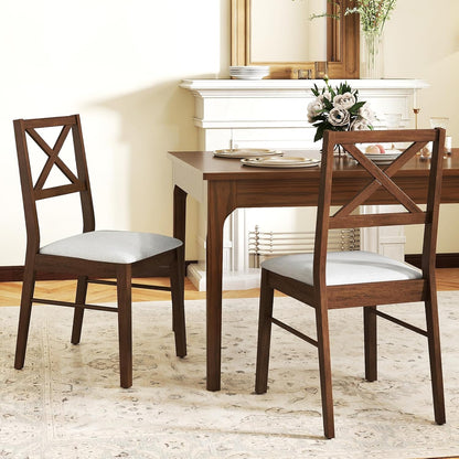 COSTWAY Wood Dining Chairs Set of 2, Upholstered Farmhouse Modern Dining Room Chairs with Backrest and 400LBS Capacity for Kitchen (Brown)