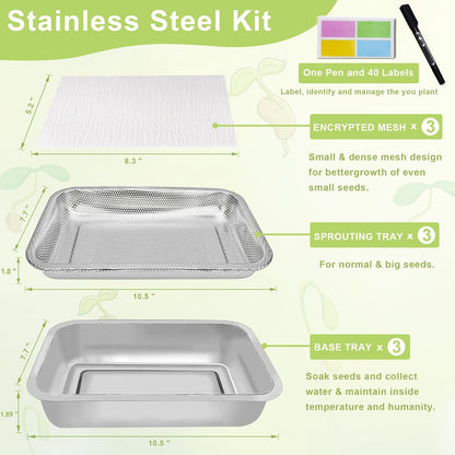Stainless Steel Sprouts Growing Kit 3-Tier 10.4 inch Trays, Microgreens Growing Kit, Seed Sprouting Tray with Encrypted Mesh Sprouts for Beans Alfalfa Broccoli Wheat Grass