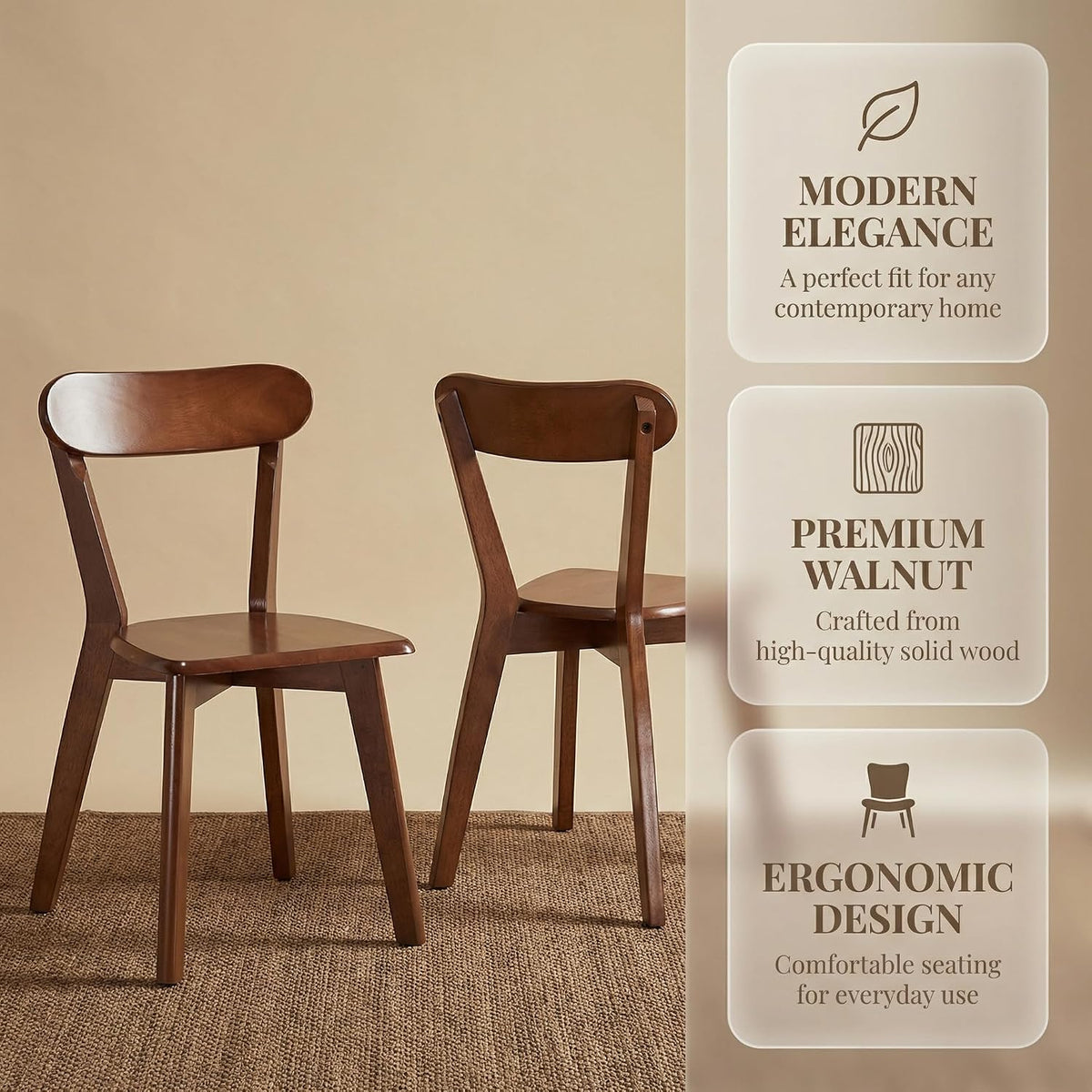 HNY Farmhouse Solid Wood Dining Chairs Set of 6, Mid Century Modern Armless Kitchen & Dining Room Chairs with Curved Back, 300 LBS Capacity, Walnut for Home, Apartment