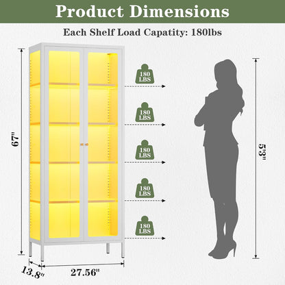 Lucky Monet 5-Tier Display Cabinet with 12 Color Lights & Glass Doors, 67" Lighted Curio Cabinet with Adjustable Shelves, Glass Metal Display Case for Collectibles Figures China (White)