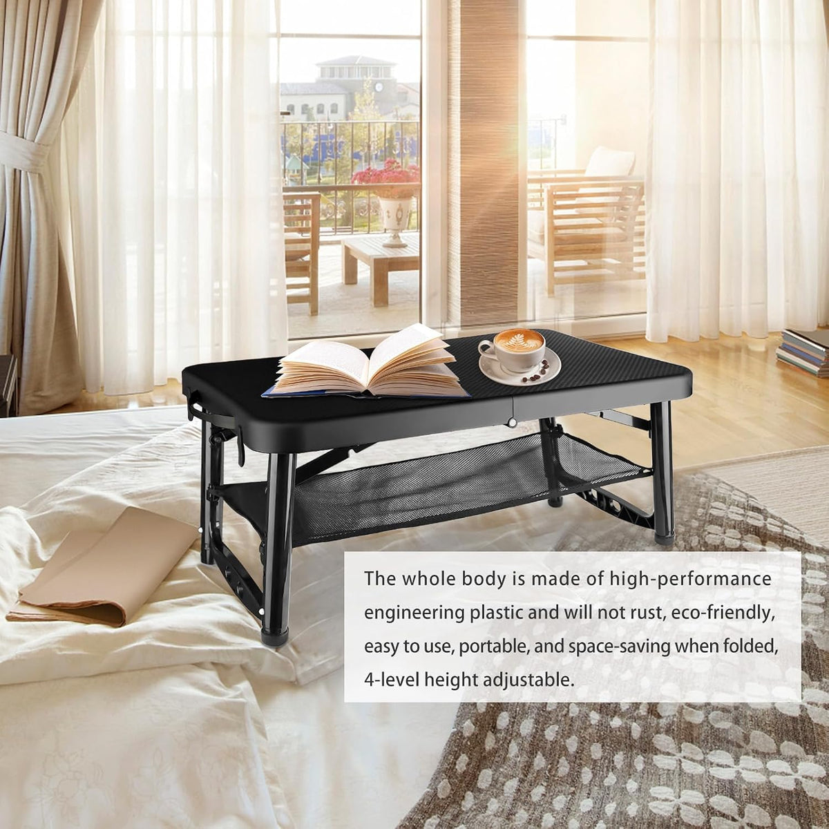 Folding Table and Stool, Small, Black, 4 Foot Outdoor Portable Table, Adjustable Height, Camping, Picnic, RV Table, 55lbs Load-Bearing, Lightweight