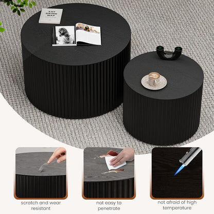 Round Wood Coffee Table Set of 2 Modern Round Fluted Nesting Coffee Tables Handcrafted Wooden Circle Nesting Table for Living Room for Small Space (Black (D27.56+D19.69 inch))
