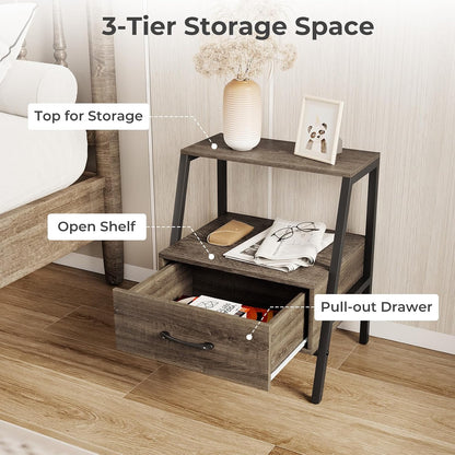Giantex Farmhouse Nightstand with Drawer and Open Shelf, 2-Tier Bedside Table with Metal Frame, Stable End Table for Bedroom or Living Room, Rustic Gray