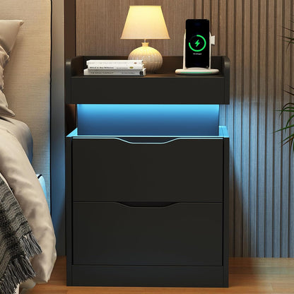Modern Nightstand with Sliding Top, Night Stand with Charging Station and LED Lights, Bedside Table with 2 Drawers, End Side Table for Bedroom, Living Room, Office, Black