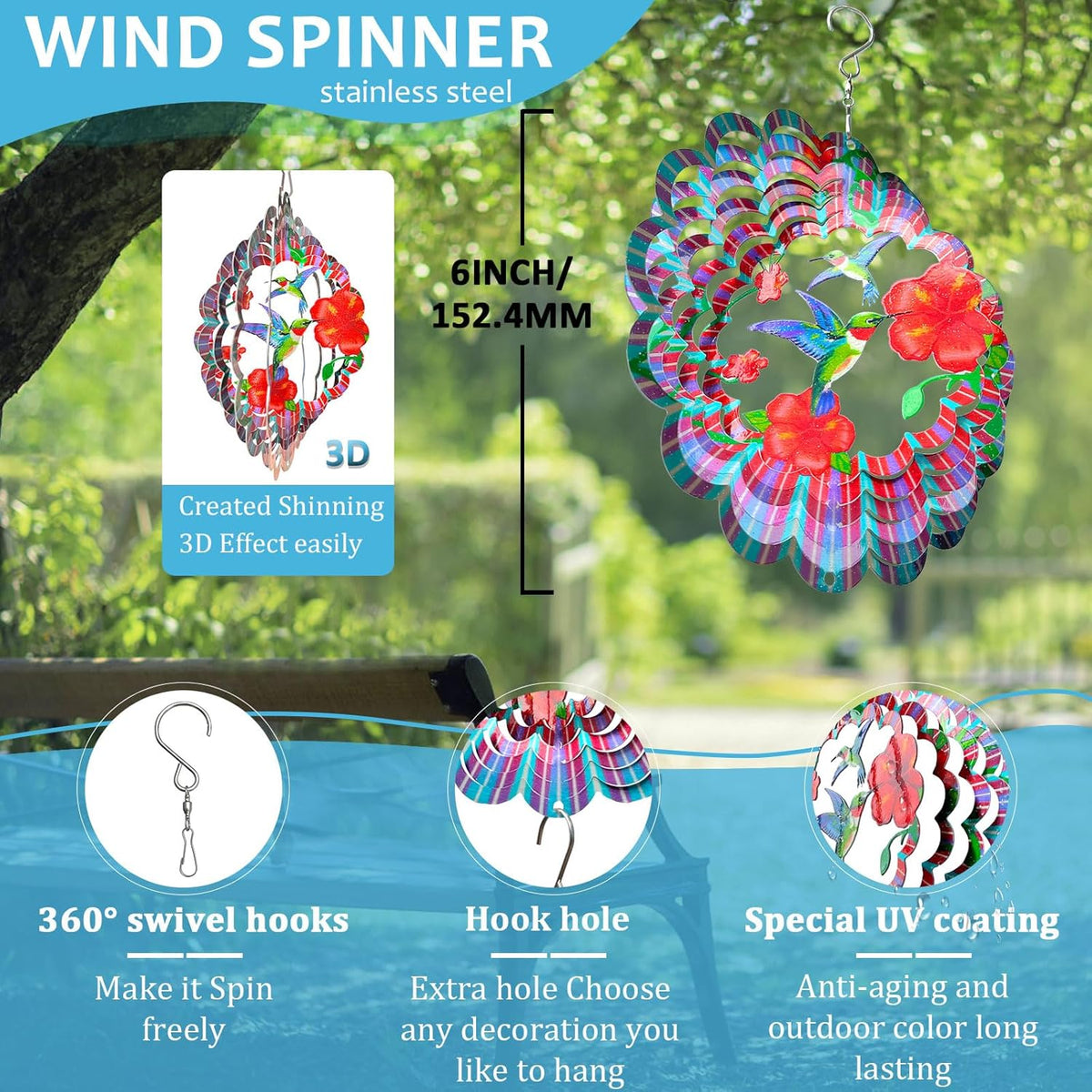 Hummingbird Wind Spinners Outdoor,6in Mandala Wind Spinner Hummingbird Gift for Women Men,Wind Spinner for Yard and Garden,Wind Sculpture for Yard Art Decorations,Christmas Decoration