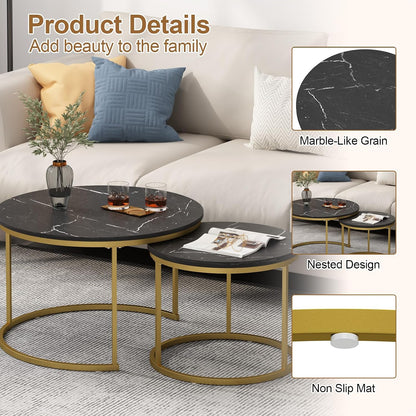 Nesting Coffee Table Set of 2, Wooden Marble Top (Black+Gold) | Nesting Tables, Sturdy Metal Frame, 120 LBS Capacity, Fits for Living Room, Bedroom, Easy Assembly