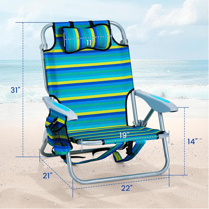 Portable Beach Chair for Adults, Outdoor Lightweight Camping Chair Lay Flat Folding Backpack Beach Reclining Chair with 5 Positions, Headrest, Zipper Pouch, Cup Holder, NEW Striped