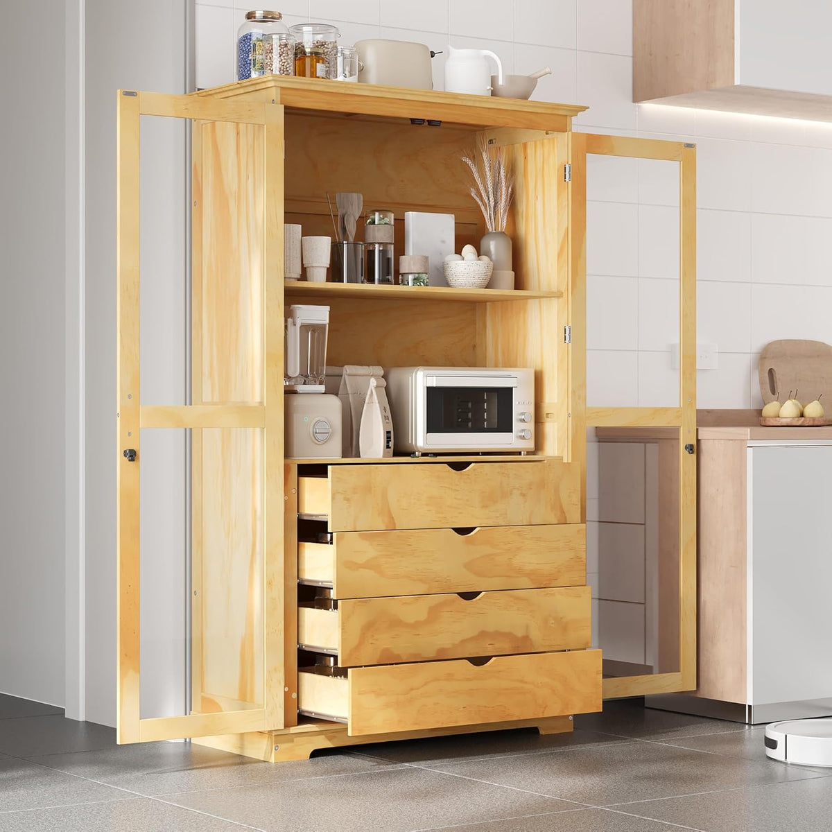 KUIKUI Kitchen Pantry Storage Cabinet, Pantry Cabinets for Kitchen Storage with Glass Doors and 4 Drawers, Natural, 44.7”L x 20”W x 75”H