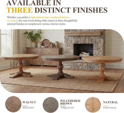 47" Round Dining Table with Wooden Pedestal Base, Antique Pine Wood Dinner Table for 4, Heavy Duty Pedestal Table for Kitchen/Dining Room/Living Room/Restaurant, Walnut