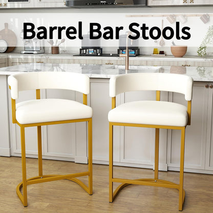 Modern Barrel Bar Stools Set of 2, 24" Velvet Counter Height Stools with Comfy Back and Arms, Sherpa Upholstered Kitchen Island Chair for Home Bar, Ivory